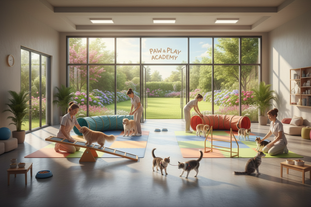 training dog and cats in a home and fun environment in a sunny garden or a well lit professional place over looking this garden