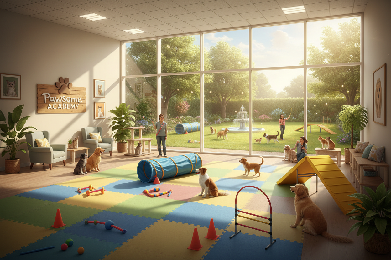 training dogs and cats in a fun and home environment in a sunny garden or in a well lit professional room overlooking this garden. We can call the place 'Pawsome Academy